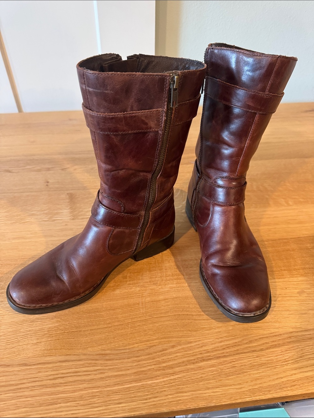 Born Women's Chestnut Brown Leather Mid-Calf Zip Heeled Boots